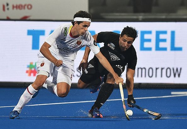 Action from the Spain v New Zealand match in the 2018 Men&#039;s Hockey World Cup