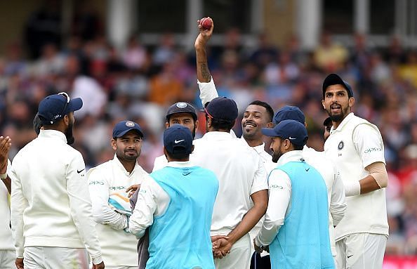 Hardik Pandya celebrates after taking a five-wicket haul in Nottingham