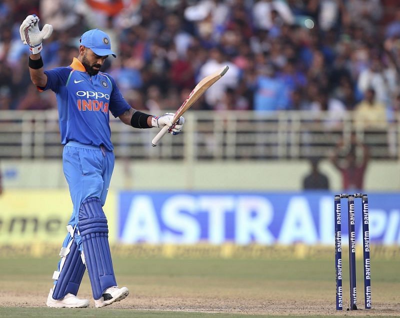 Kohli acknowledges the crowd on reaching 10,000 ODI runs