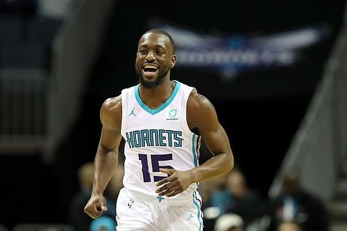 Kemba Walker celebrates during the Hornets' 119-111 defeat by the Utah Jazz earlier this month