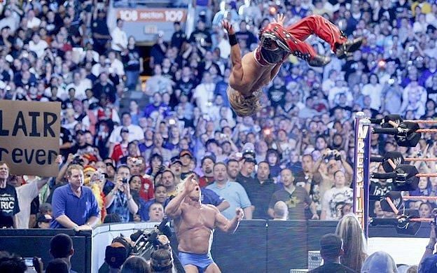 HBK with a Moonsault on Flair!