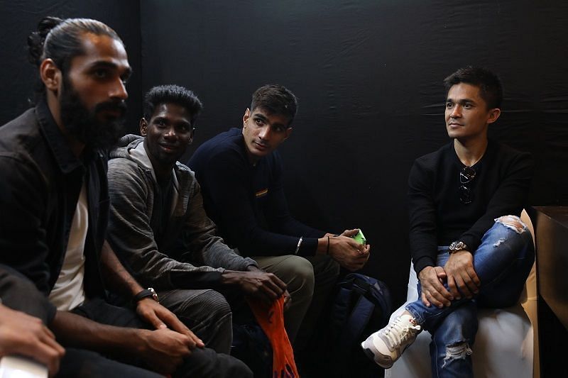 Indian National Football Team players (from left) Sandesh Jhingan, Rowllin Borges, Gurpreet Singh Sandhu and Sunil Chhetri
