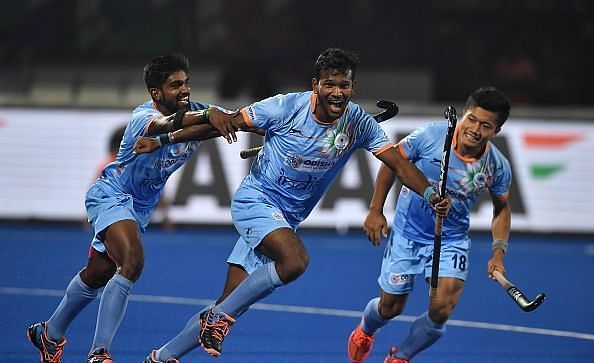 Odisha player Amit Rohidas scores India&#039;s fourth goal on his home ground against Canada in FIH Men&#039;s Hockey World Cup 2018