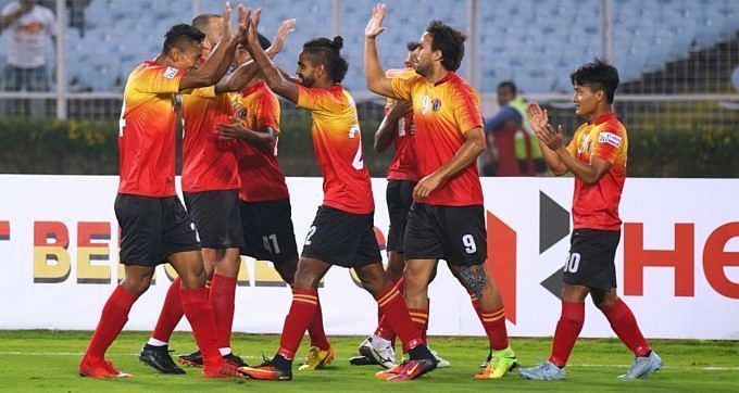 East Bengal players celebrate a goal