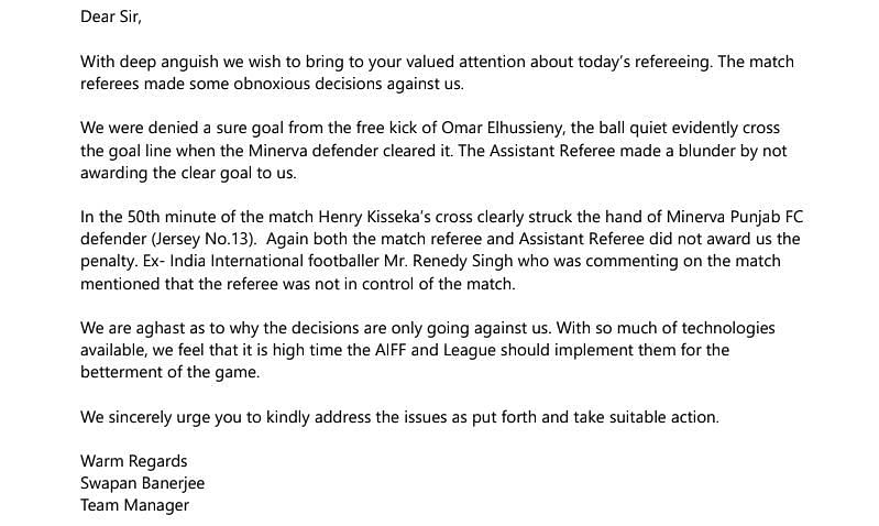 Letter sent to Sunando Dhar after the match against Minerva Punjab FC