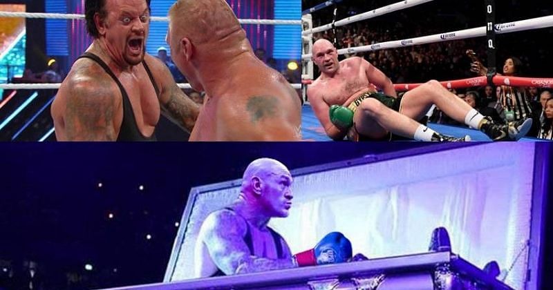 The Undertaker (top left) is famous for his trademark kip up where he &#039;comes back to life&#039; after being knocked down by his opponent, and it was Tyson Fury (top right) who did something similar in his boxing match over the weekend