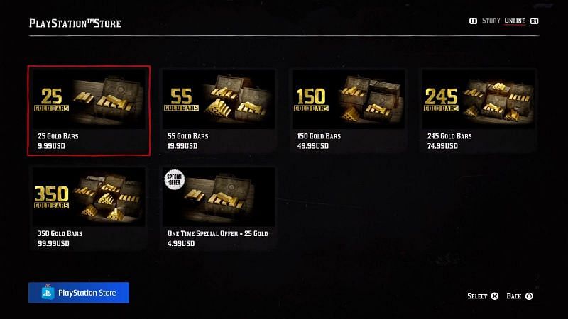 Price for gold bars in the Red Dead Online Store