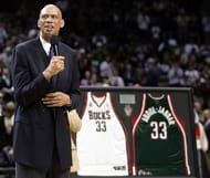 The Milwaukee Bucks retire Kareem Abdul Jabbar's number 33 jersey