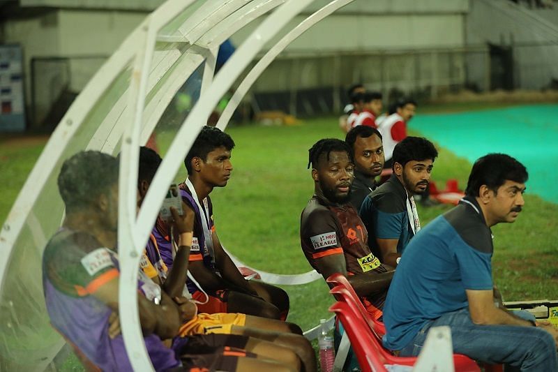 Antonio German arguing with coach Bino George (not in pic) after being substituted during the game against Chennai City