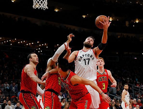 Valanciunas, pictured here against the Hawks, scored 26 points on 9-of-13 shooting from the bench