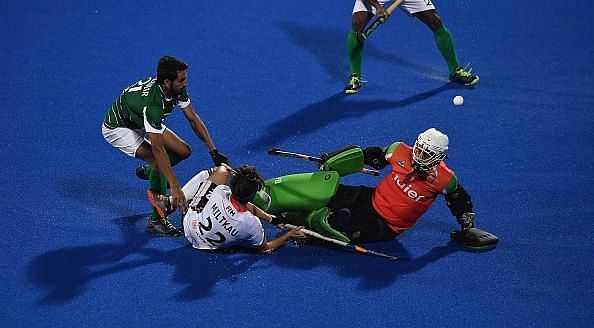 Action from Germany v Pakistan match at the Men&#039;s Hockey World Cup 2018