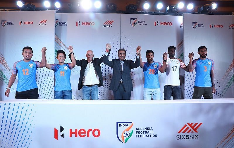 India players along with national football team coach Stephen Constantine (third from left) and All India Football Federation president Praful Patel