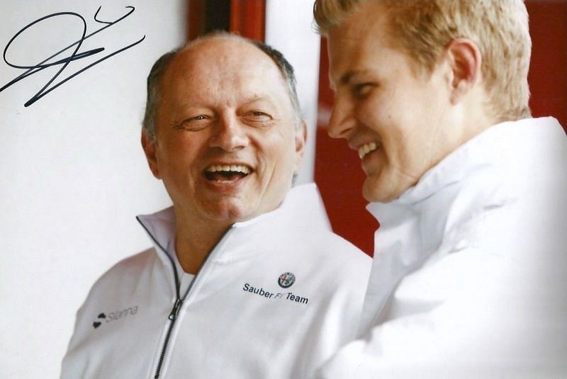 Fr&Atilde;&copy;d&Atilde;&copy;ric Vasseur in a happy mood with Marcus Ericsson, Sauber&#039;s driver from 2015