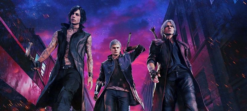 The playable characters of DMC 5: V (left), Nero (middle), and Dante (right)