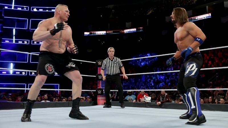 Brock Lesnar faces off with the Phenomenal AJ Styles.