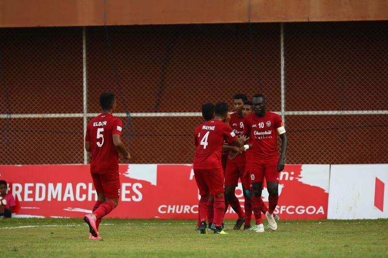 Churchill Brothers&#039; players celebrate after a goal