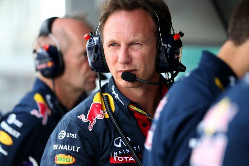 Red Bull team principal Christian Horner with Adrian Newey in the background