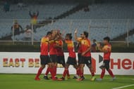 East Bengal players celebrate a goal<p>