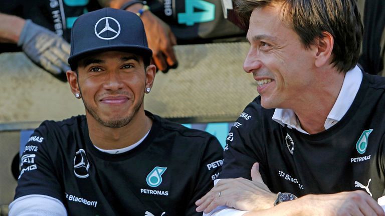 Toto Wolff with Lewis Hamilton during post-race celebrations at Mercedes