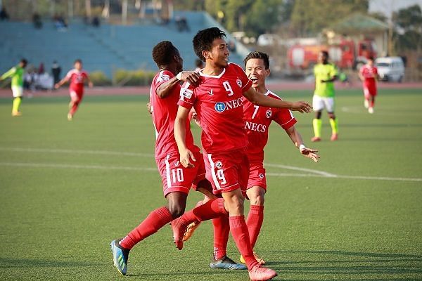 Mapuia of Aizawl FC celebrates after scoring against Gokulam Kerala during their I-League match