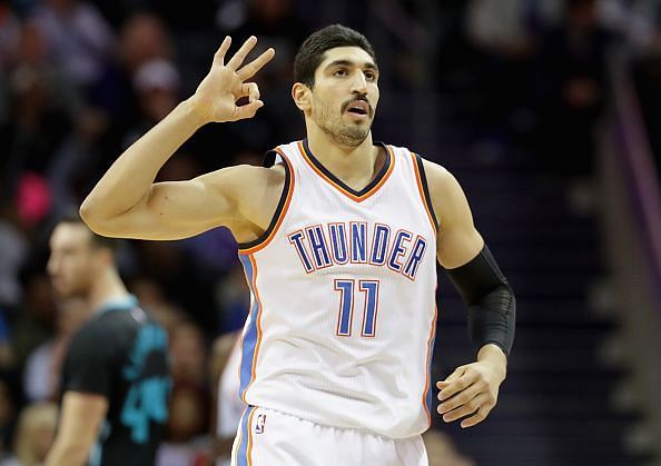 Kanter celebrates after hitting a three against the Charlotte Hornets during his tenure with OKC