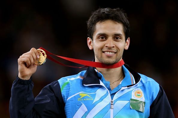 P Kashyap posing with his gold medal at the 2014 CWG games
