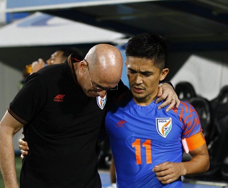 India captain Sunil Chhetri (right) with coach Stephen Constantine