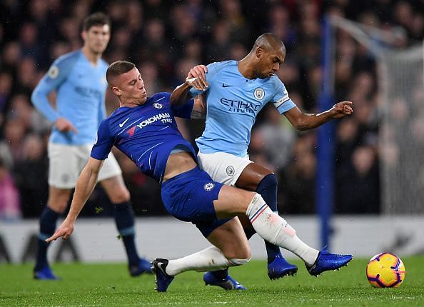 Second half substitute Ross Barkley vies for the ball with Fernandinho