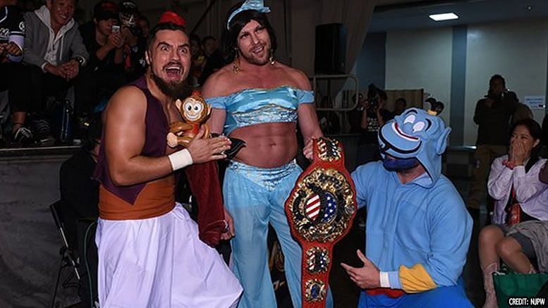 Kenny Omega dressed as Princess Jasmine as part of an Alladin spoof with fellow Elite members.