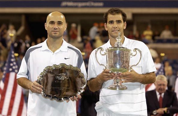 5-time US Open champion Pete Sampras after winning his fifth and final US Open trophy in his last ever tournament in 2002