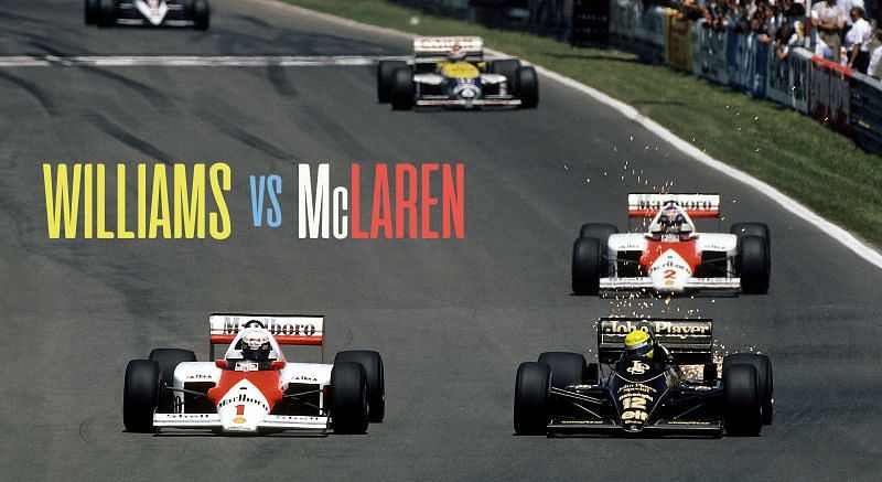 The McLarens being chased by a Williams and Lotus