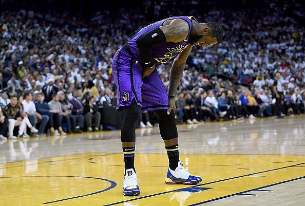 LeBron clutching his groin during the Lakers&#039; win over Golden State earlier this week