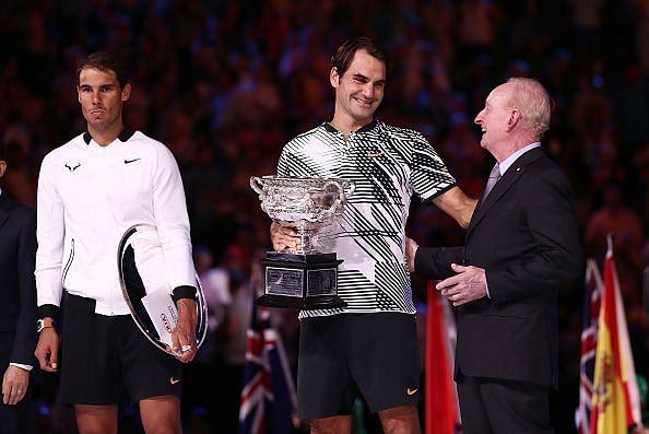 Roger Federer with the 2017 Australian Open trophy