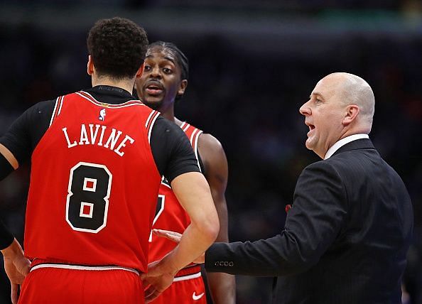 New Bulls coach Jim Boylen interacting with Justin Holiday and Zach LaVine