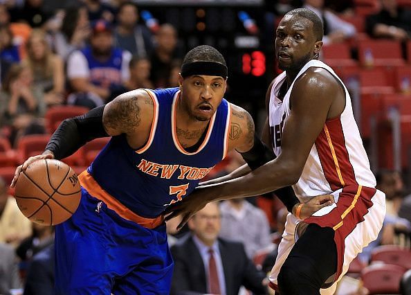 Melo in action for the New York Knicks against the Miami Heat