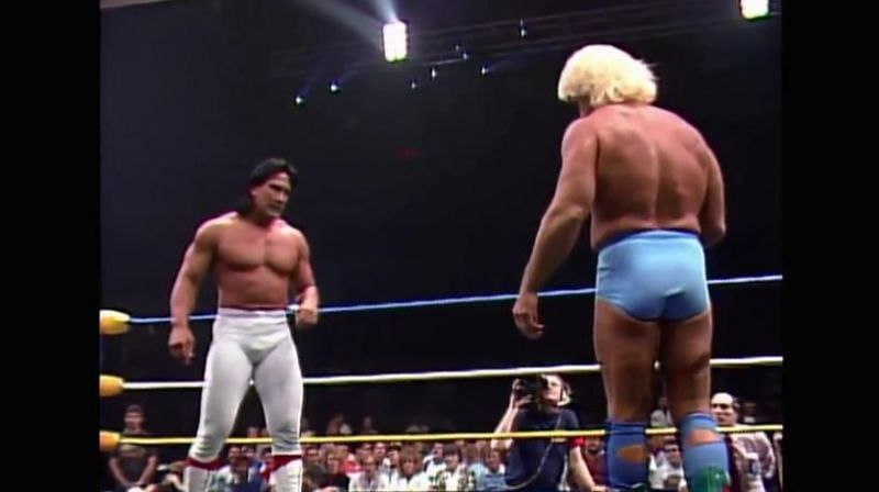 Ricky Steamboat faces off with Ric Flair for the ten pounds of gold