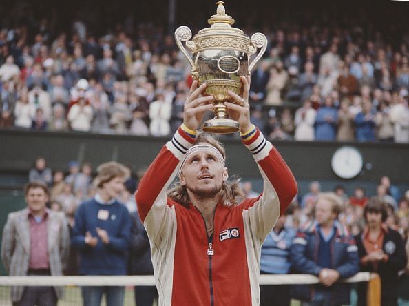 Bjorn Borg lifts the Wimbledon Lawn Tennis Championship Trophy 1980