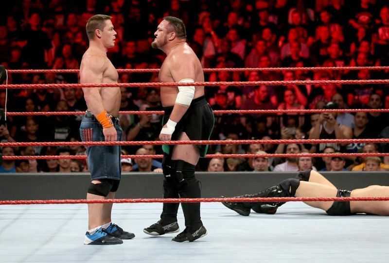 Samoa Joe and John Cena share an intense staredown