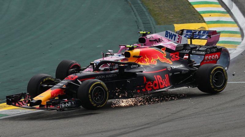 Racing Point&#039;s Esteban Ocon shunts into Max Verstappen at the Brazilian Grand Prix 2018