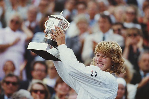 Steffi Graf with the 1987 French Open Trophy