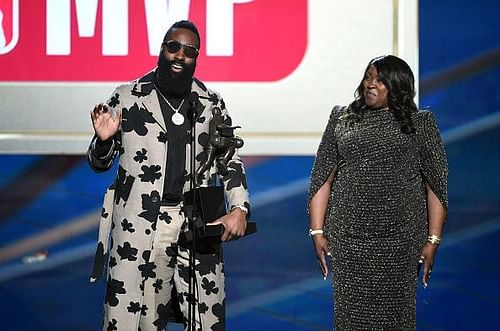 James Harden giving his MVP acceptance speech during the NBA awards 2018