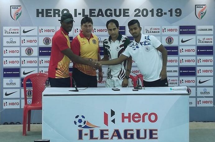 East Bengal coach Alejandro Menendez with his Mohun Bagan counterpart Sankarlal Chakraborty; Kassim Aidara (extreme left) and Azharuddin Mullick shake hands