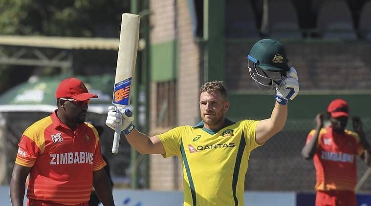 Aaron Finch celebrating after scoring 172 in a T20I match