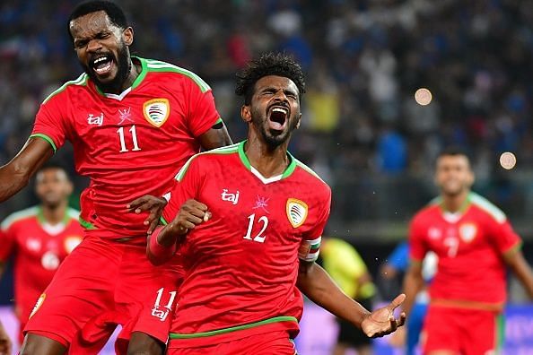 Oman&#039;s Ahmed Mubarak Al-Mahaijri (C) reacts after scoring a goal during the 2017 Gulf Cup of Nations football match between Kuwait and Oman