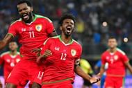 Oman's Ahmed Mubarak Al-Mahaijri (C) reacts after scoring a goal during the 2017 Gulf Cup of Nations football match between Kuwait and Oman