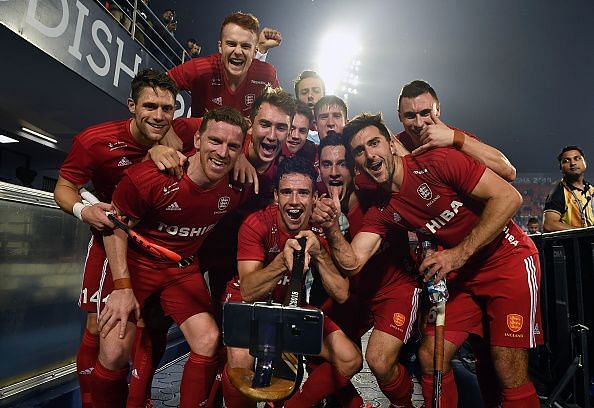 English players take a selfie after a win at the Men&#039;s Hockey World Cup