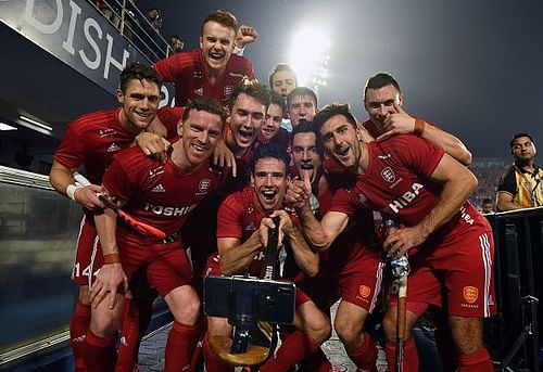 English players take a selfie after a win at the Men's Hockey World Cup