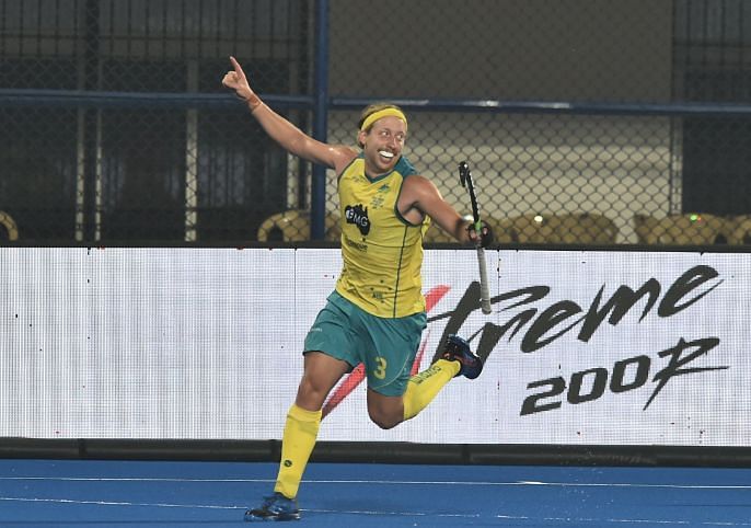 Weyer celebrates after scoring Australia's 3rd goal of the match.