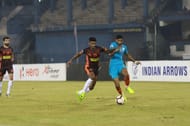 Indian Arrows' Rahim Ali goes past Jishnu Balakrishnan of Gokulam FC