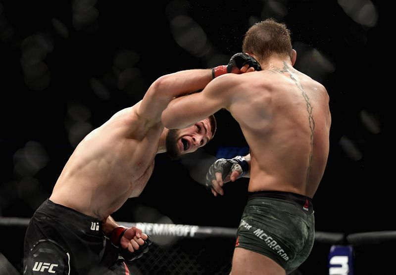 Khabib Nurmagomedov lands an overhand right on 'The Notorious One' during their face off at UFC 229!